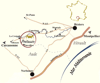 Plan d'accès à La Commanderie de Preïssan, vins de Pays d’OC